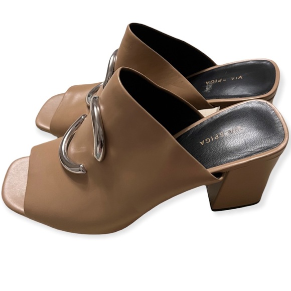 tan colour leather square toe block heel mules VIA SPIAGA - Picture 2 of 4
